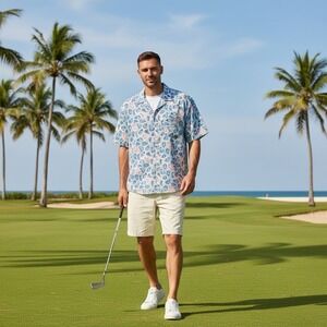 Simply Southern Outfitters Mens XL Oyster Print Seersucker Stretch Shirt Blue